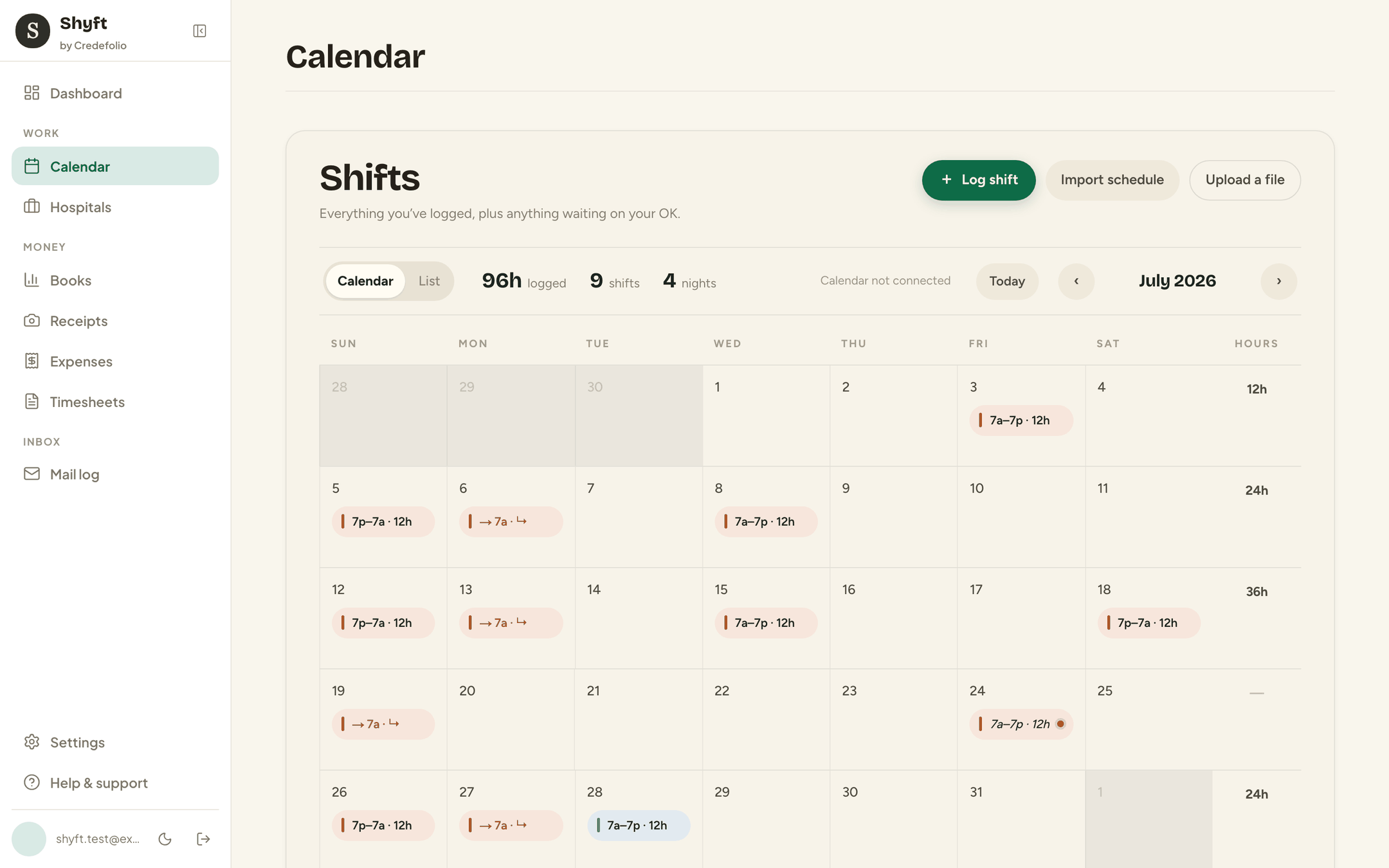 The Shyft web app showing July 2026: 96 hours logged across 9 shifts and 4 nights, with each shift marked on the month grid and weekly hour totals down the right.