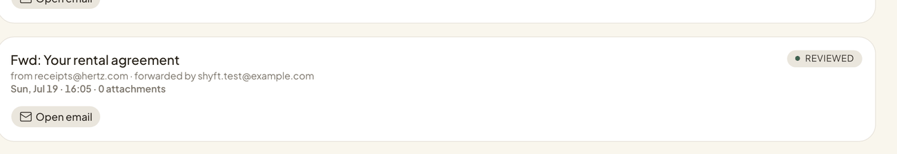 A forwarded email in the Shyft mail log: "Fwd: Your stay at Harborview Inn" from reservations@harborviewinn.com, marked reviewed.