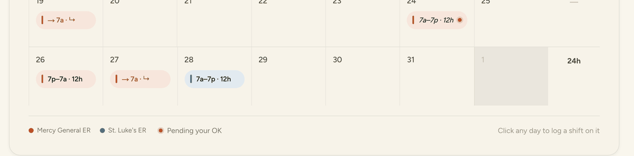 A week of the Shyft calendar. One shift on the 24th carries an amber dot, and the legend below reads: pending your OK.