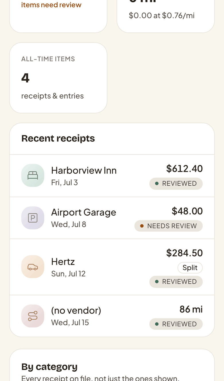 Shyft at phone width: recent receipts with amounts and review status, including a rental car split between two hospitals.